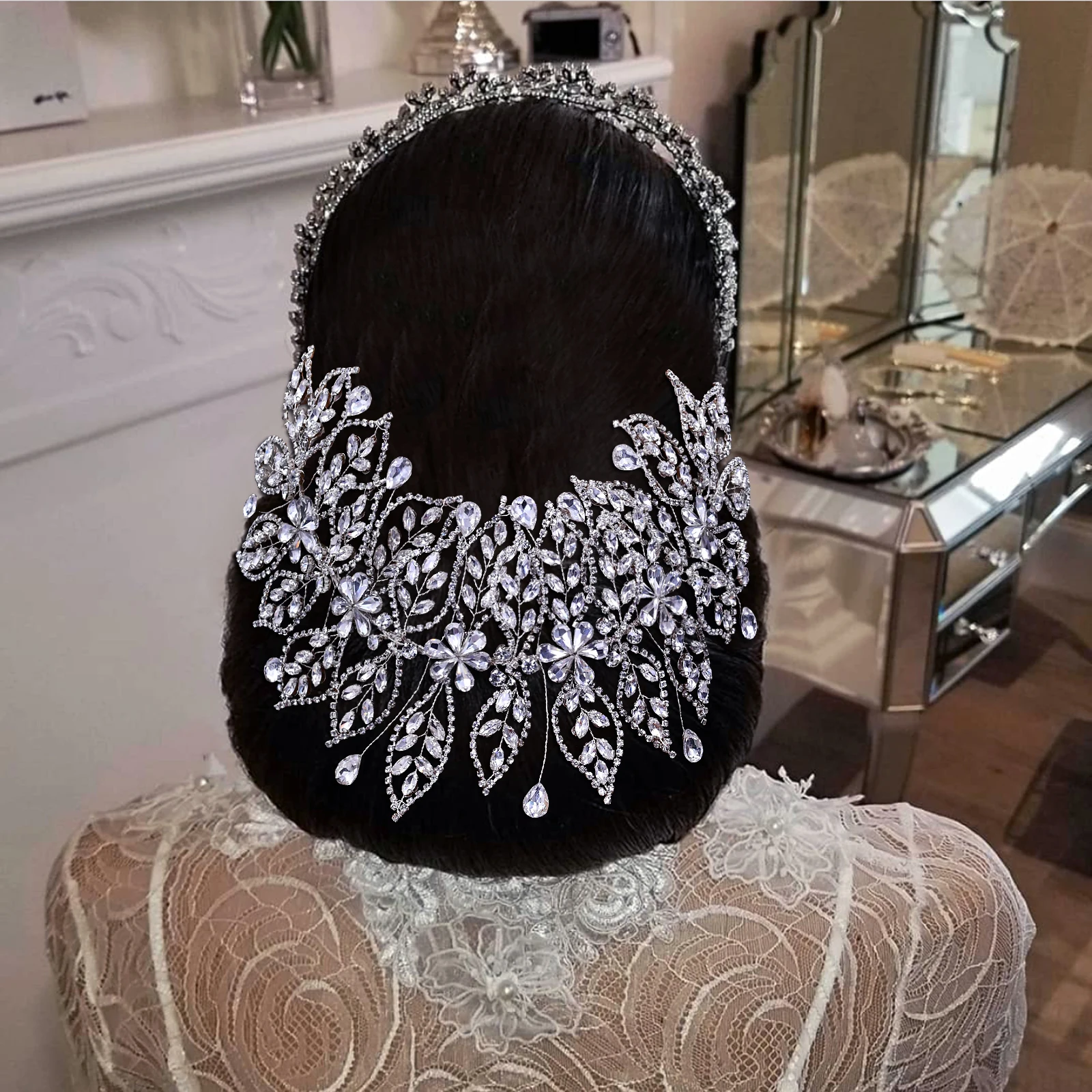 TRiXY HP426 Leaf Shape Crystal Headband Wedding Bride Head Accessories Rhinestone Flowers Decoration Bridal Hair Bands Elegant