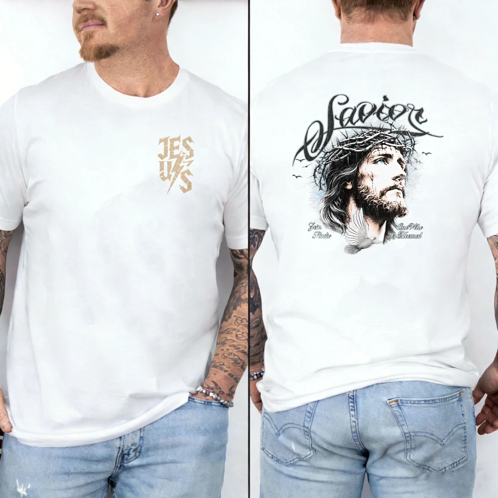 Saviour Cursive Script Jesus Thorn Crown Portrait with Dove Crew Neck T Shirt Retro Faith Short Sleeve Tee Cotton Streetwear Tee