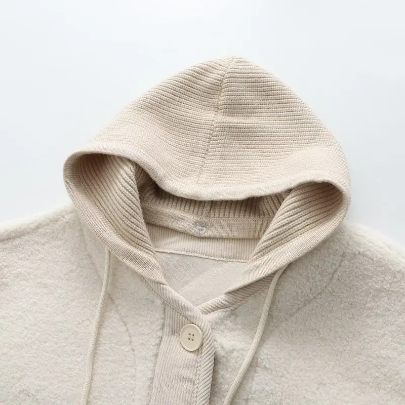 Nowa koszula zimowa z polaru jagnięcego na rok 2025, damska bluza z kapturem, zapinana na guziki, z kieszeniami, patchworkowa, moda Mori Girl, codzienna, ciepła, luźna odzież wierzchnia C5D425CC