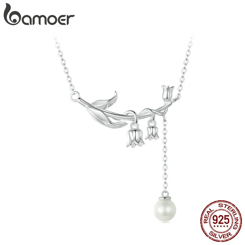 

Bamoer 925 Sterling Silver Lily of the Valley Pendant Necklace Shell Pearl Flower Neck Chain for Women Party Fine Jewelry