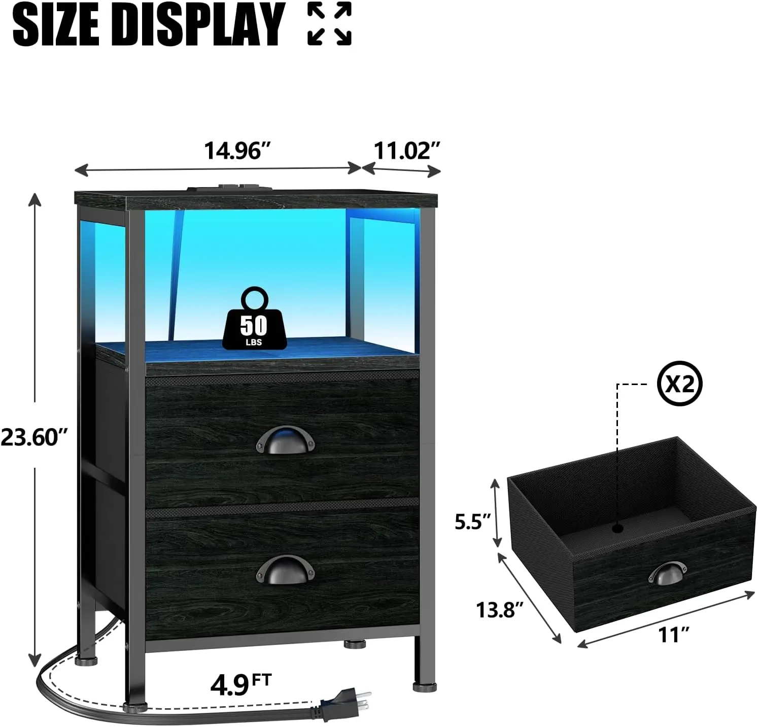 

Nightstands Set of 2, End Tables with Charging Station and LED Lights, Black Night Stands with 2 Fabric Drawers, Bedside Tables