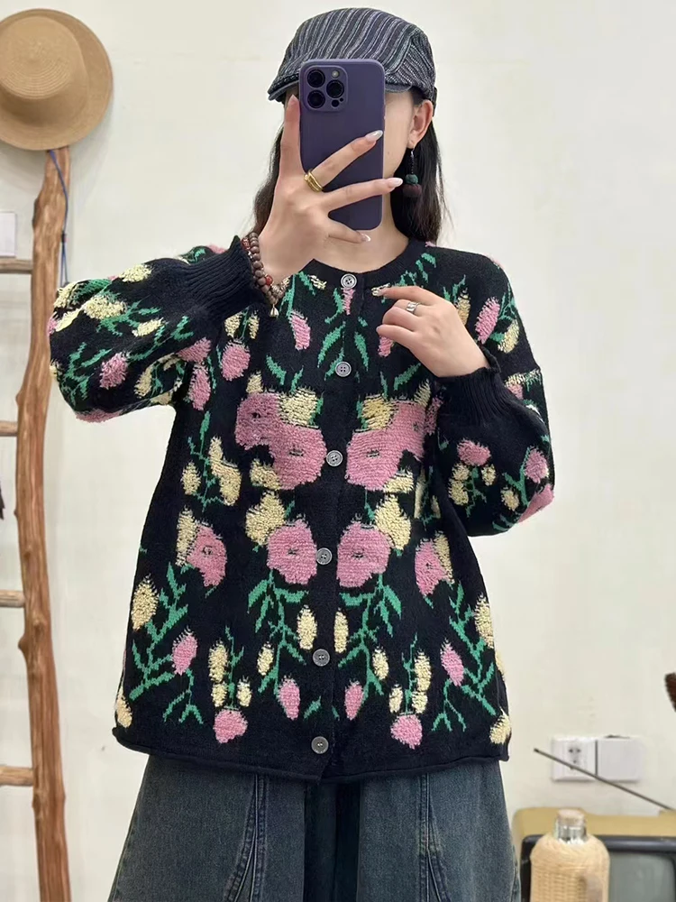 Max LuLu Fall Korean Floral Cardigans Womens Fashion Loose Printed Sweater Ladies Classic Casual Luxury Big Size O Neck Knitwear