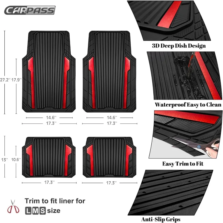 Heavy Duty Rubber Car Mats with Metallic Aluminum F for All Weather Protection Waterproof Universal Fit Floor Mats for SUVs Sed 4