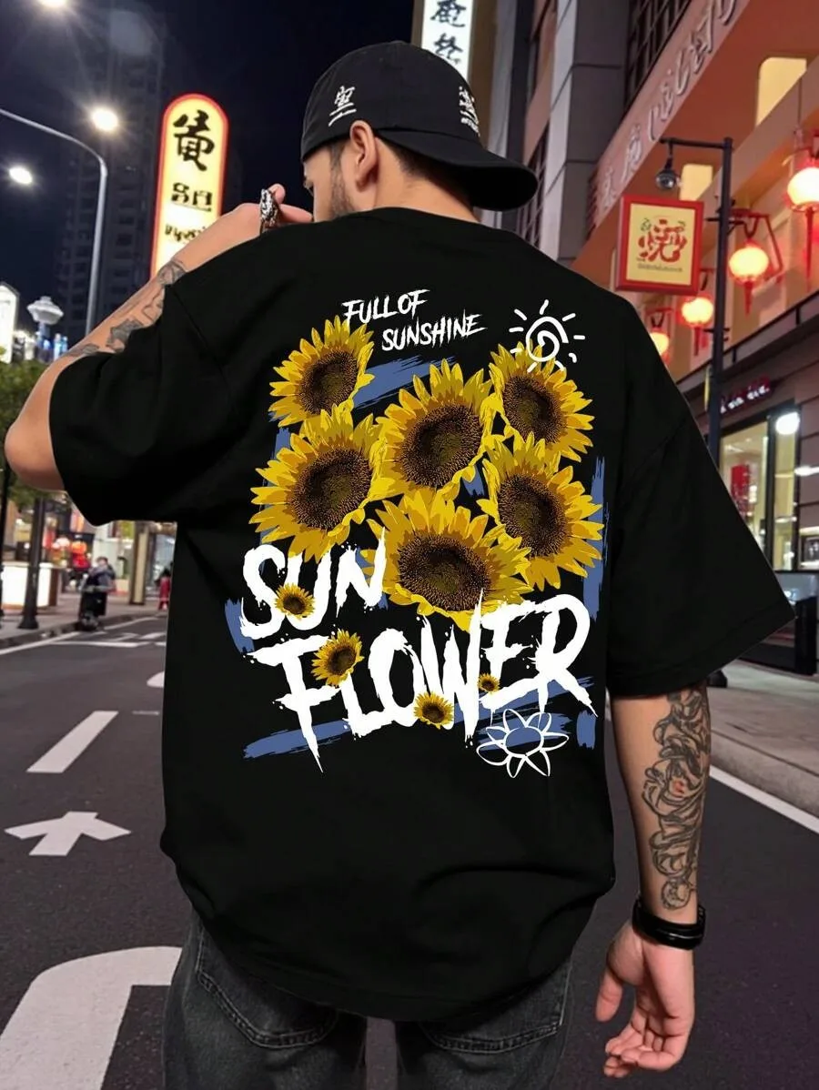 Voller Sonne Blumendruck Retro T-Shirt Herren Baumwolle Hip Hop T-Shirts Sommer Trendy Bequemes T-Shirt Lose Sport Kurzarm