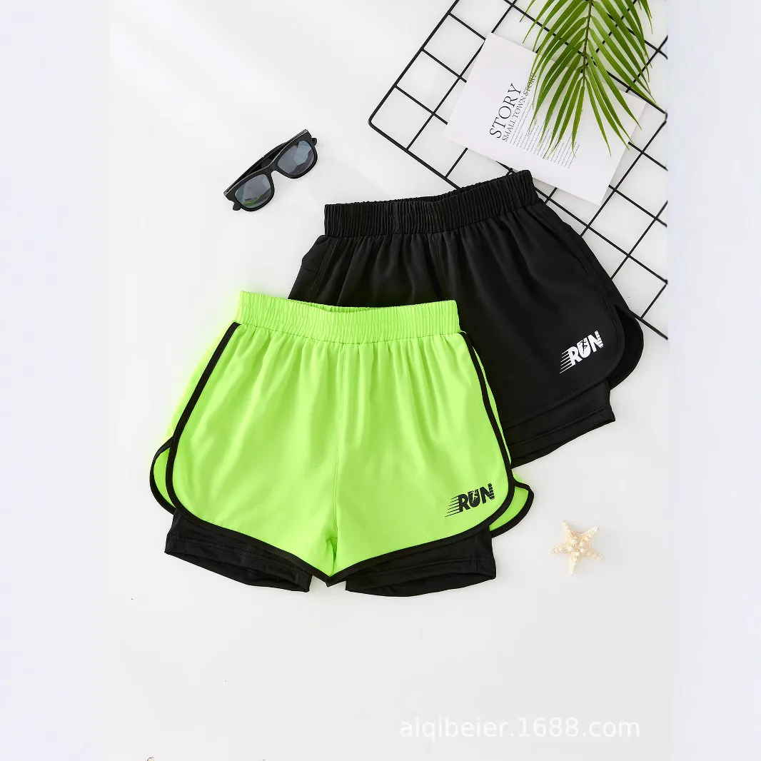 European and American boys' clothing ice silk double-layer pants men's elastic sports shorts medium and older children's pants