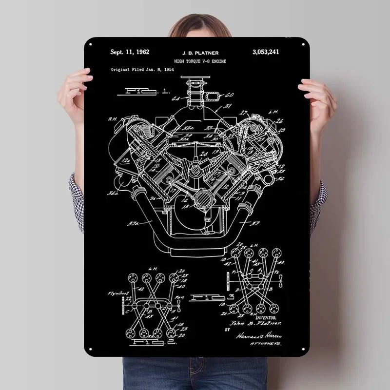 V8 Engine Patent Blueprint Metal Poster Vintage Metal Plate Wall Decor Living Room Decor Aesthetics Decoration for Home Tin Sign