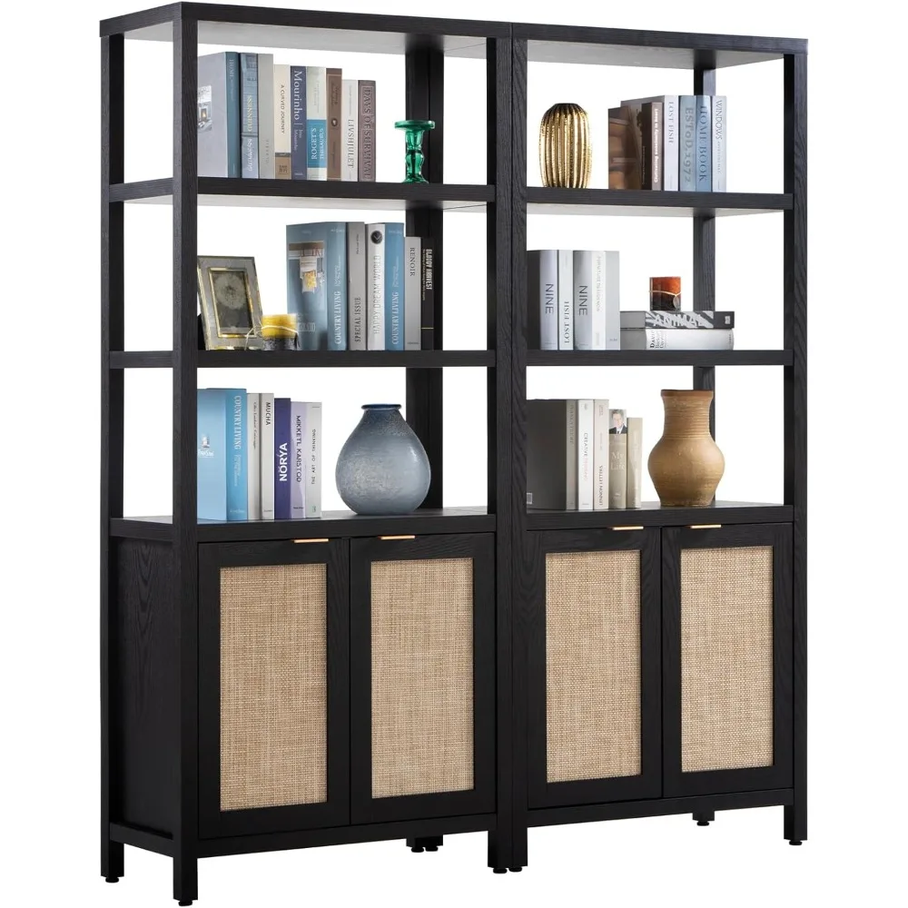 Bookshelf 5 Tier Book Shelf Rattan Boho Tall Bookcase with Doors Storage Wood Shelves Large Bookshelves Farmhouse Bookca