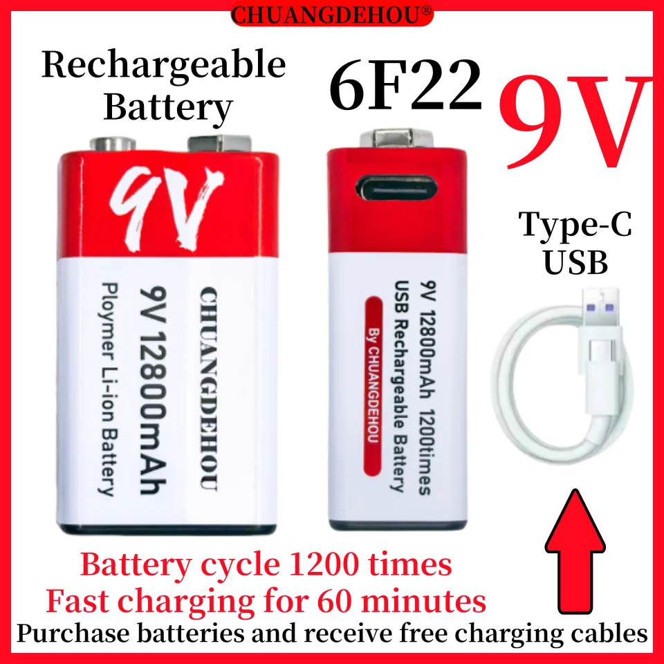 

⚡ 9V Rechargeable Battery Type-C Fast Charge 12800Mah High Capacity Universal: Multimeter/Measuring Instrument/Drone/Camera/Microphone/Remote Control Toy Safe and Durable Anti-Leakage Hot Sale