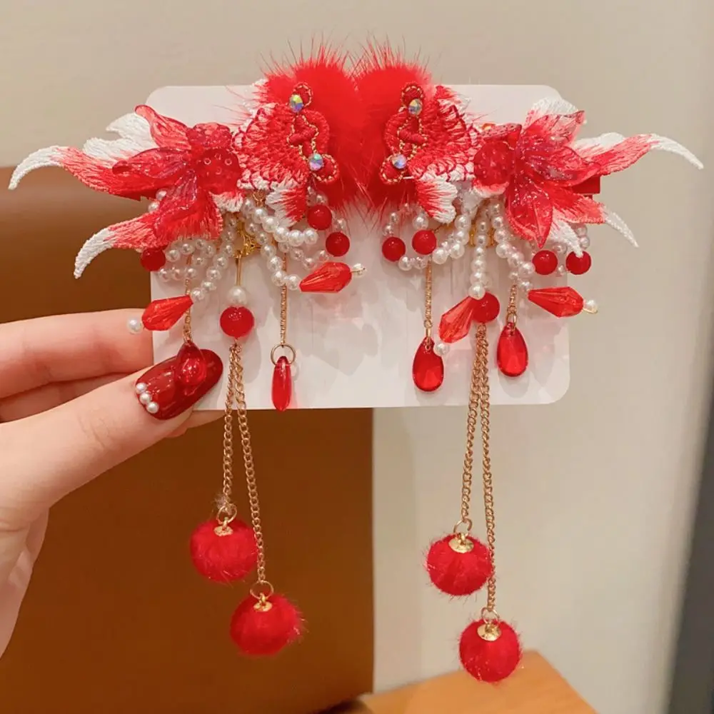 

Tassel Children Red Hairpin Flower Cloth Chinese New Year Headwear Bowknot Tang Suit Hair Clip Ancient Style Hairpin Girls