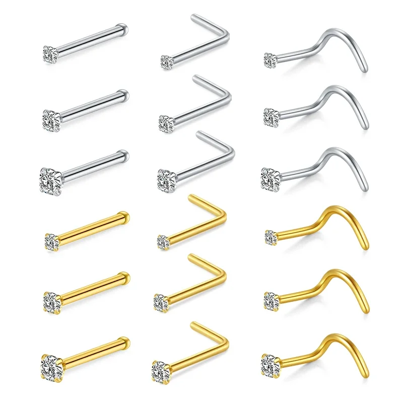 3/9PCS Edelstahl Zirkon Nase Piercing Stud Set L Geformt Nase Ring Twist Nase Ring Stud Bulk körper Piercing Nase Studs