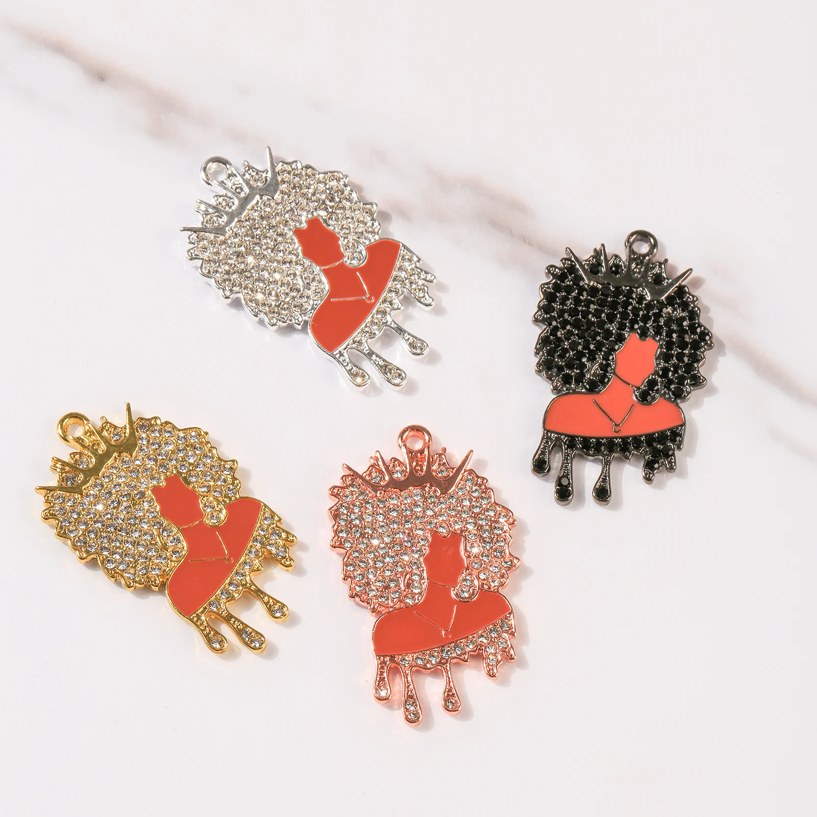 10pcs Micro Pave Afro Black Girl Charm for Bracelet Necklace Making Bling Black Dripping Queen Jewelry Wholesale BGR178-BGR181