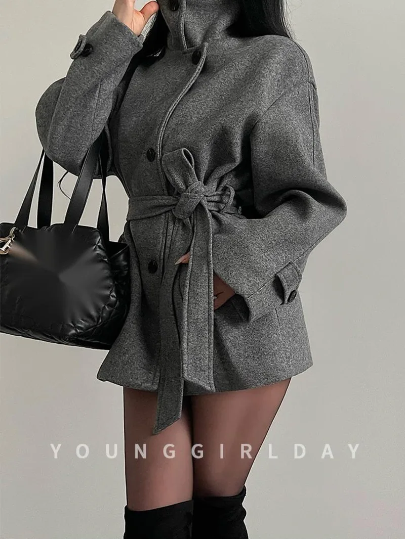 

Korean Style High Stand Collar Single-Breasted Tie Waist Slimming Autumn Winter Woolen Coat Jacket Coat Fashion Casaul Women FH7