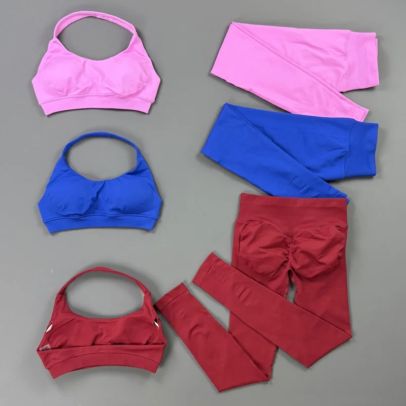 2Pcs Seamless Fitness Set Women Halter Sports Bra Tummy Control Scrunch Butt Leggings Stretch Training Workout Activewear Suit