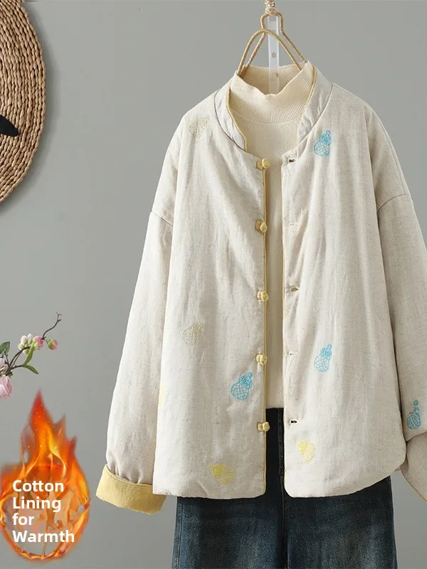 

Loose Chinese Sle Embroidered Gourd Cotton Jaet Women's Faionable Versatile Autumn Winter Outerwear Long Sve Button up