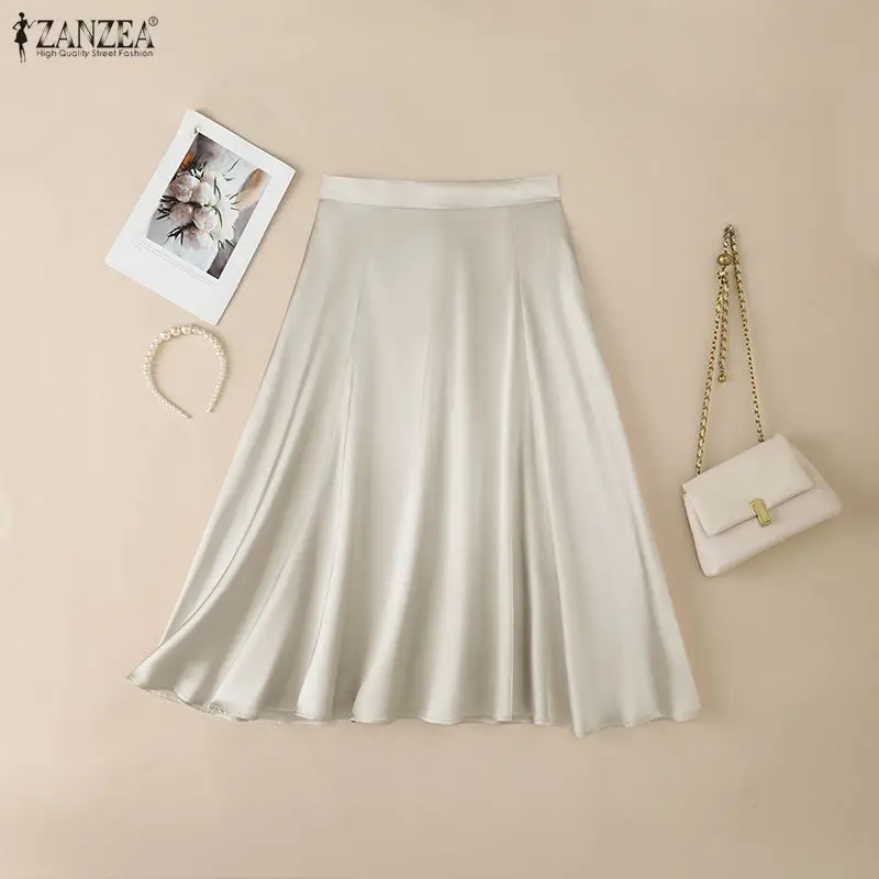 ZANZEA Elegant Satin Evangelical Midi Skirts for Woman High Waist Solid Color A-Line Swing Skirt with Back Zipper Faldas Mujeres