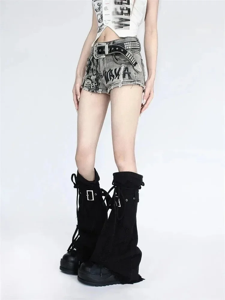 Moda coreana cintura baixa picante menina borla calças quentes verão retro angustiado fino ajuste impresso high street shorts jeans feminino