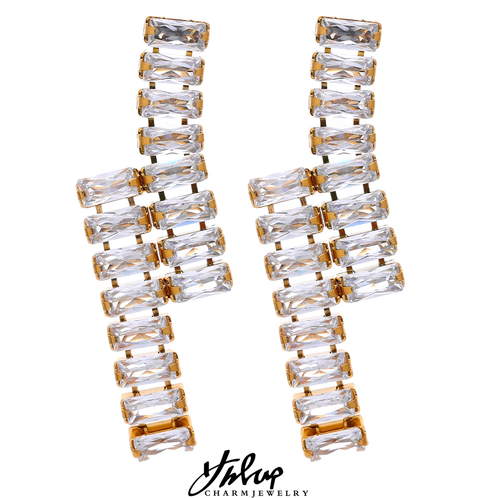 Yhpup Luxury Cubic Zirconia Stainless Steel Drop Earrings for Women Pink White Green CZ Bling Party Korean Exquisite Earrings