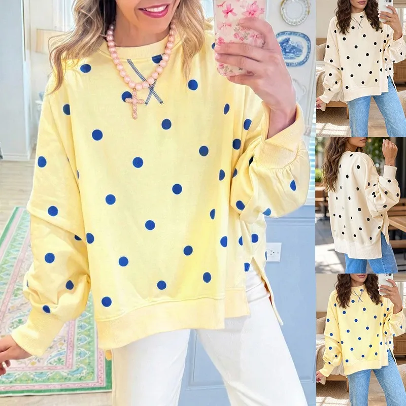 Women's Hoodies And Sweatshirt Batwing Loose Fit Round Neck Printed Polka Dot Cotton Mid Length Pull On Basic Women's Hoodie