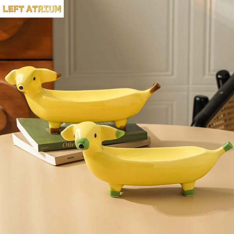 Banana Dog Statue Storage Tray Funny Art Ceramic Ornaments Cartoon Animal Storage Tray Home Living Room Coffee Table Decoration