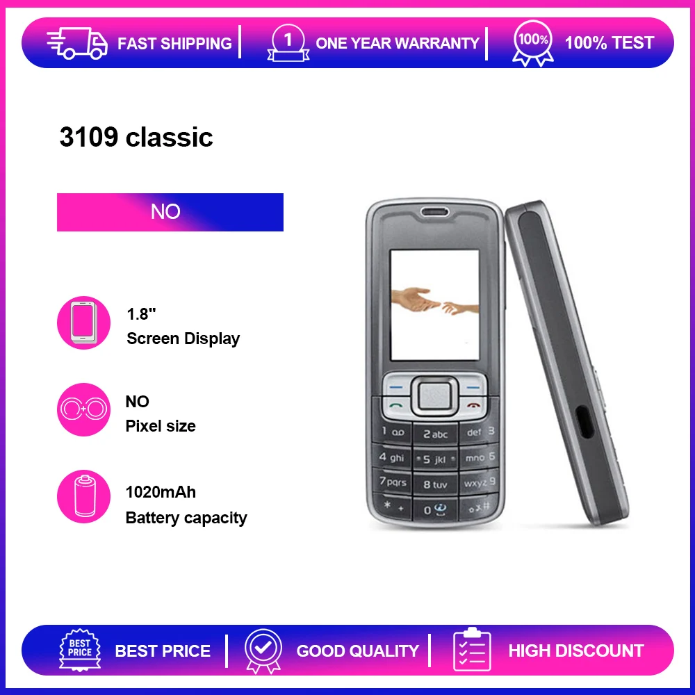 Teléfono Desbloqueado Reacondicionado 3109 Classic 3109C 2G GSM 900/1800 1020mAh con Teclado Ruso, Árabe y Hebreo