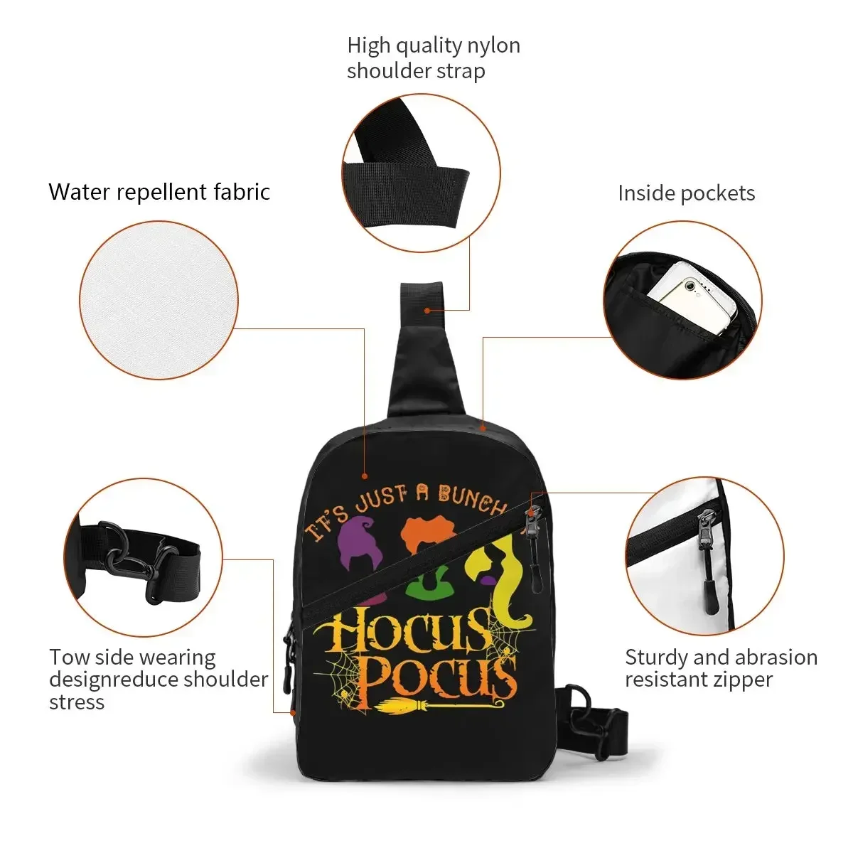 Cool Hocus Halloween Night Pocus Sling Bags Cycling Camping Men\'s Witch Horror Movie Crossbody Chest Backpack Shoulder Daypack