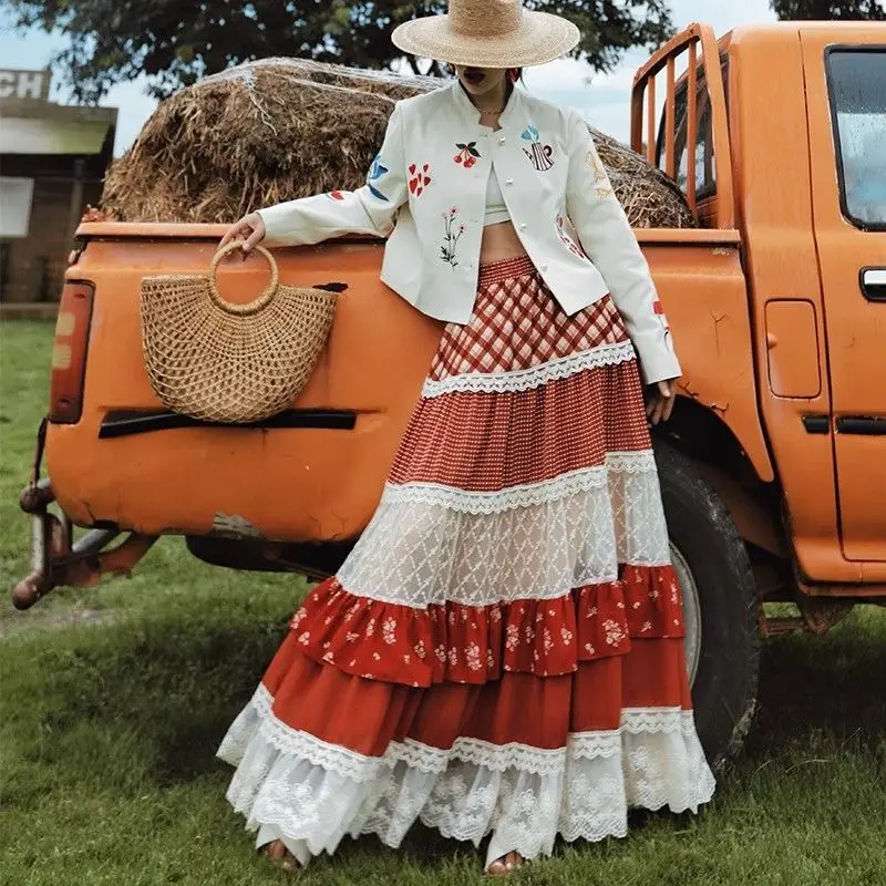 Lace Plaid Printed Patchwork Cake Skirt Korean Fashion Clothing Maxi Jupe Harajuku Long Skirts For Women Faldas Pleated Skirt
