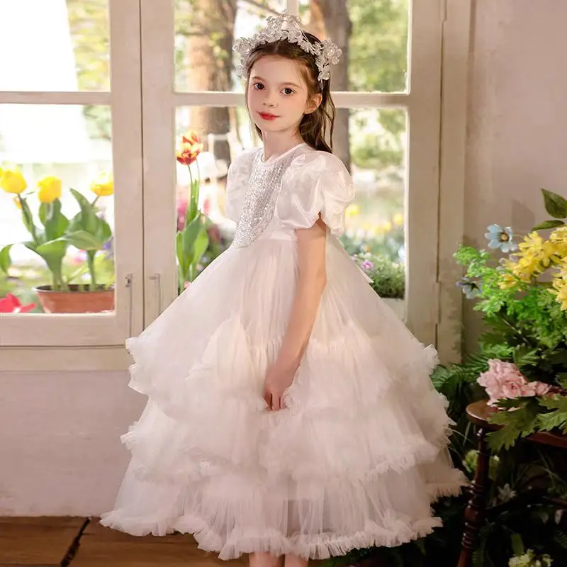 Jill Wish J004 robe de fille de fleur blanche élégante dentelle gonflée princesse enfants longueur de thé mariage 1er anniversaire robe de bal de fête de concours