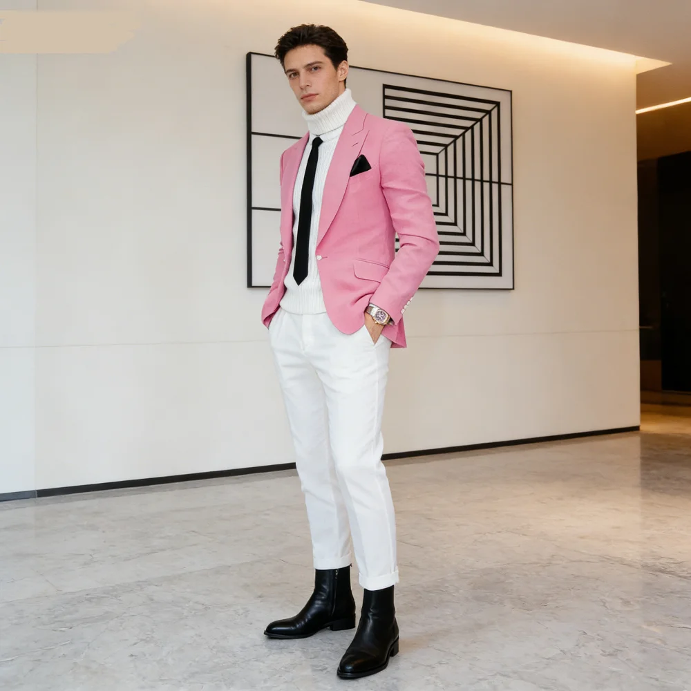 

Pink Slim Fit Blazer for Men Peak Lapel Single Breasted Elegant Dinner Jacket Smoking Suit for Wedding And Business
