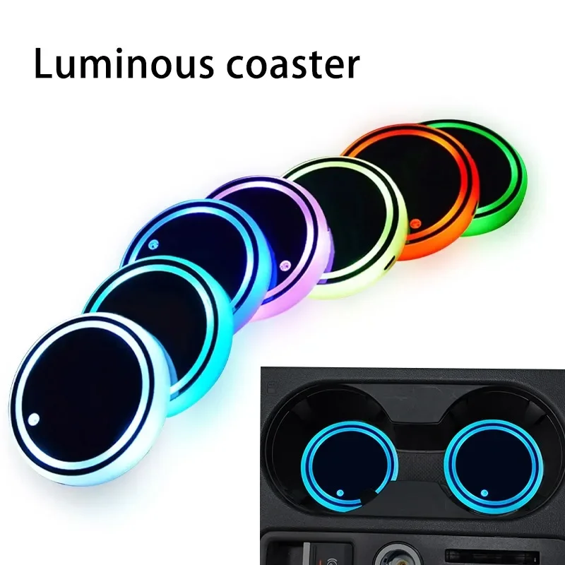 USB Charging Anti Slip Coaster 7 Color Changing LED Light Car Cup Holder Lights Decorative Ambient Lighting Glowing Coaster Pads