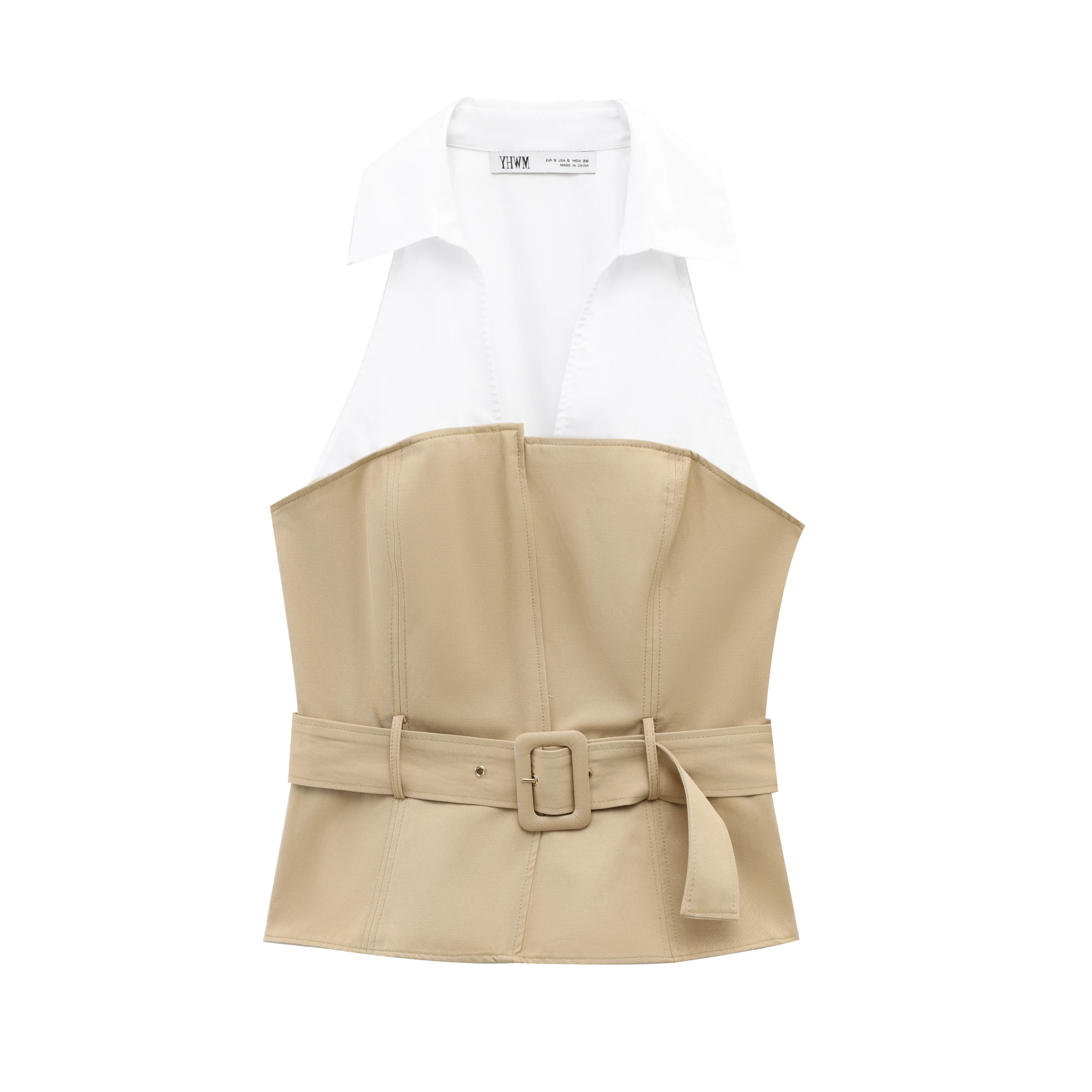 

ZBZA Spring New Women's Faion Design Hanging Collar Splice Top Sli Commute Slim Fit No Sve Polyester Fiber irt