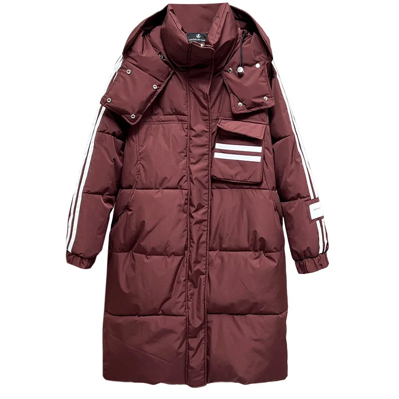 Plus Size Women X-Long Parka Winter New Loose Hooded Preppy Style Fashion Sleeves Two White Stripe Cotton-padded Jacket 8908