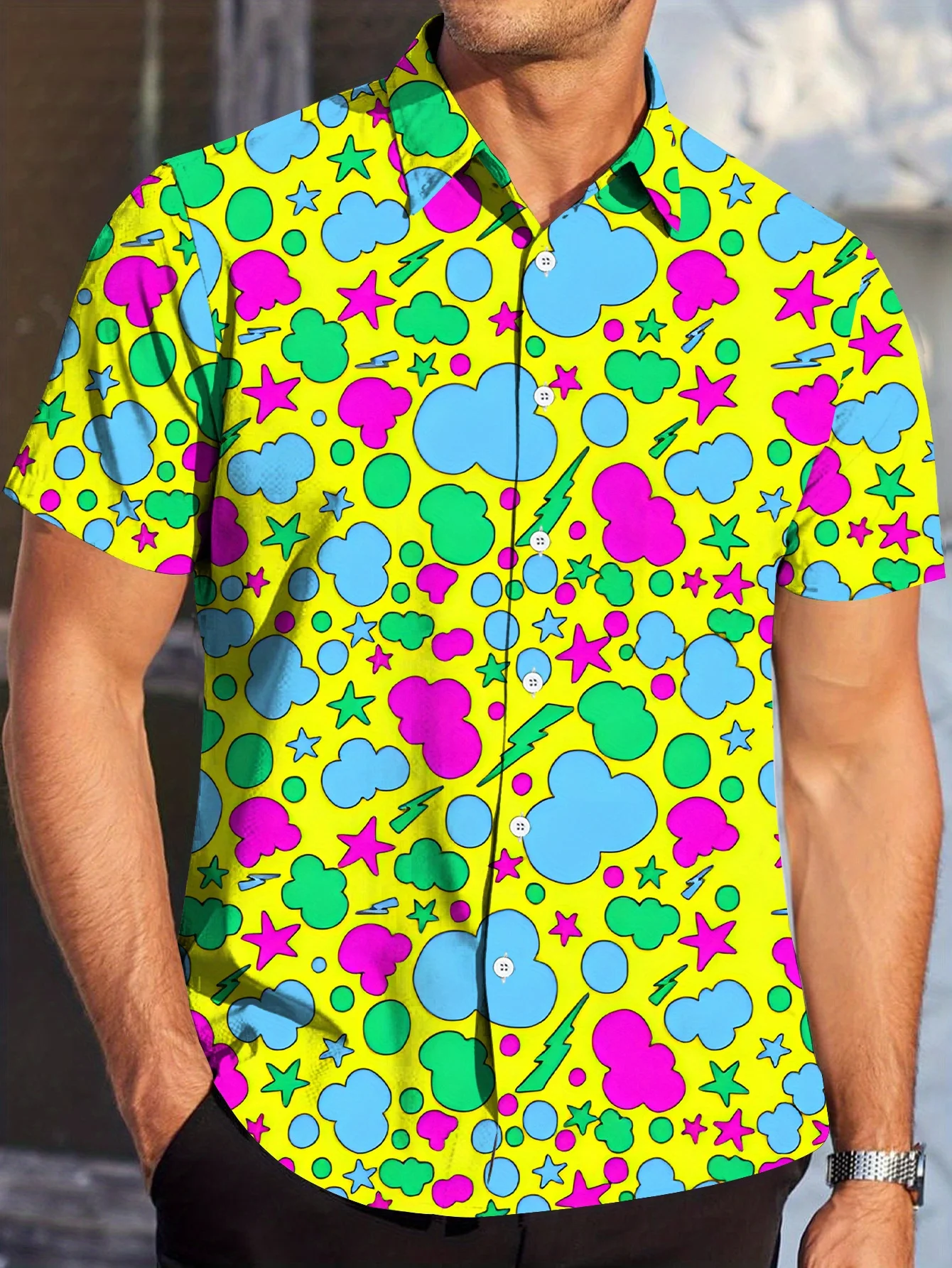

Men's Neon Green Button-Up Shirt - Lightweight Short Sleeve Summer Shirt with Turquoise Blue, Pink,