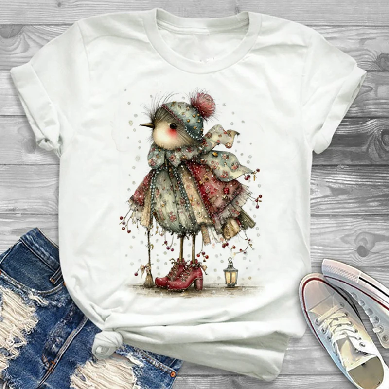 مضحك ريترو الطيور طباعة نمط المرأة 90s تي شيرت منتظم ملابس كاجوال الاسلوب المناسب س الرقبة المرأة قصيرة الأكمام تي شيرت كامل #1