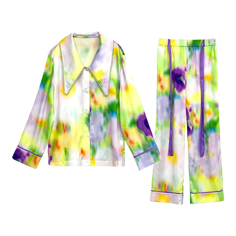 2 Pieces Set Women Sleepwear Watercolor Print Long-sleeved Pajamas Spring Diamond-encrusted Large Lapel Silk Home Clothes Suit