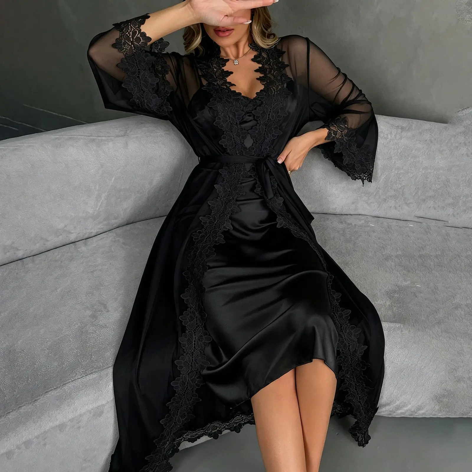 Lace See Through Long Kimono Robe Set for Women Mesh Sleepwear Nightgown 2 Piece Camisole Slip Dress Pajamas Lounge Wear