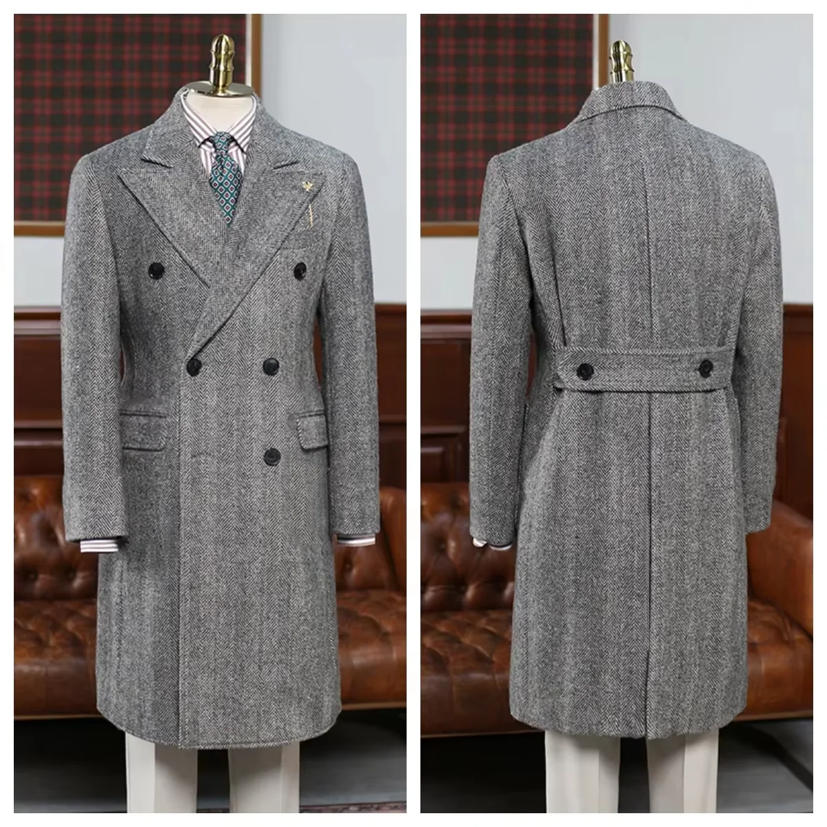 Blazer longo masculino preto branco espinha de peixe padrão longo terno jaqueta clássico xadrez trespassado inverno lã casaco longo