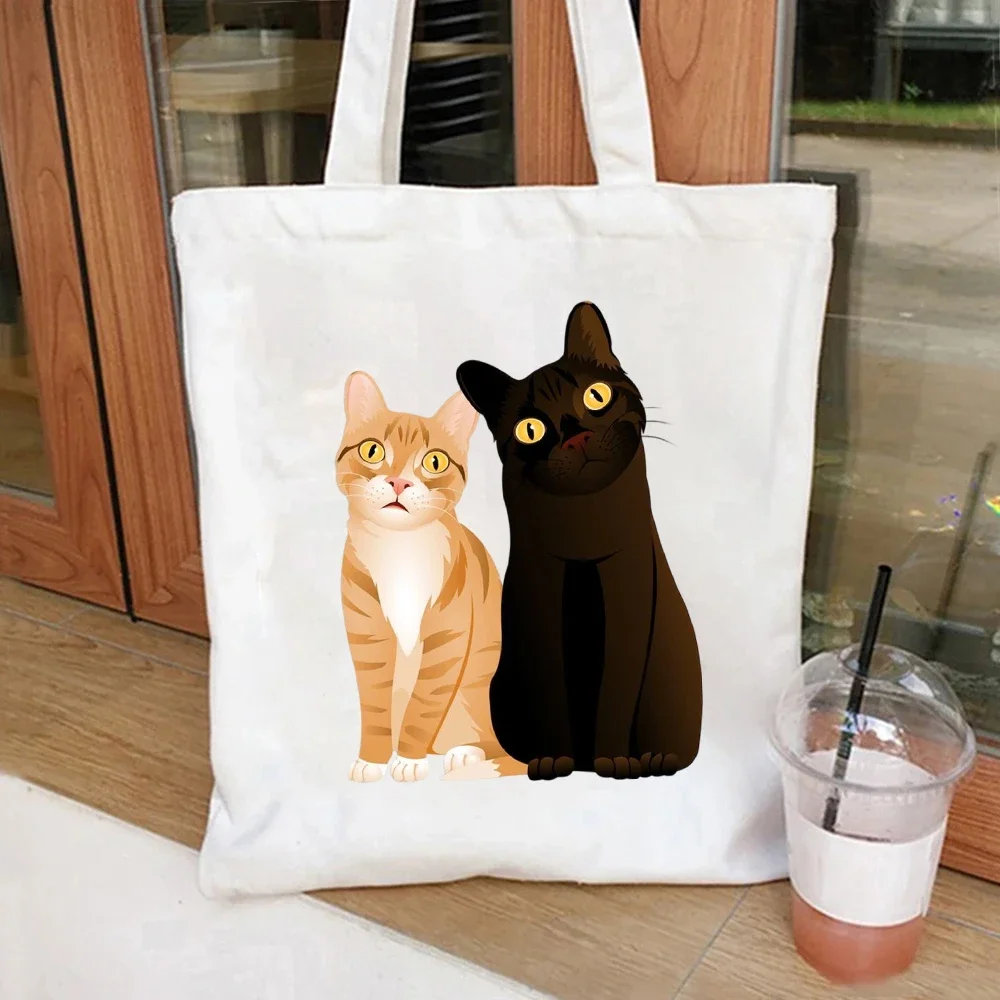 Yin Yang Cat Canvas Tote Bag Black & Orange Cat Print Handbag For Cat Lover Daily Casual Shopping Bag
