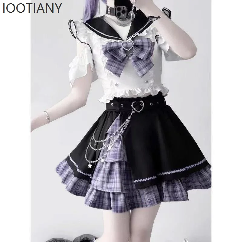 

Lolita Sweet Girl College Style Jk Uniform Suit Cute Bow Short-sleeved Top Slim Fit Plaid Patchwork Short Skirt Two-piece Suit
