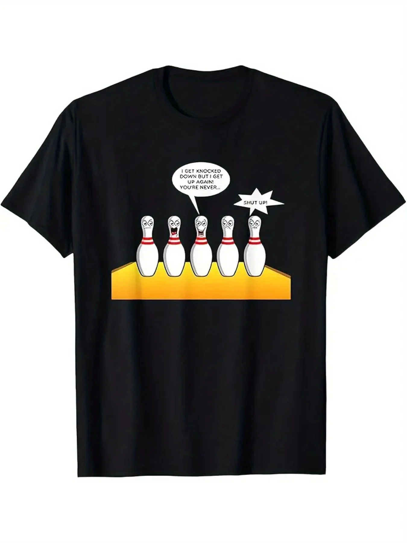 

Men's Casual Bowling Graphic T-Shirt knocked But I Stand Up Again Design Black Cotton Knit Short Sleeve Round Neck