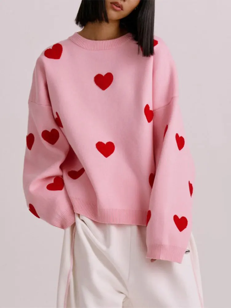 Love Heart Printed Knitted Sweater Pullover Tops Fashion O Neck Thickened Long-sleeved Sweaters Women Oversized Street Jumper