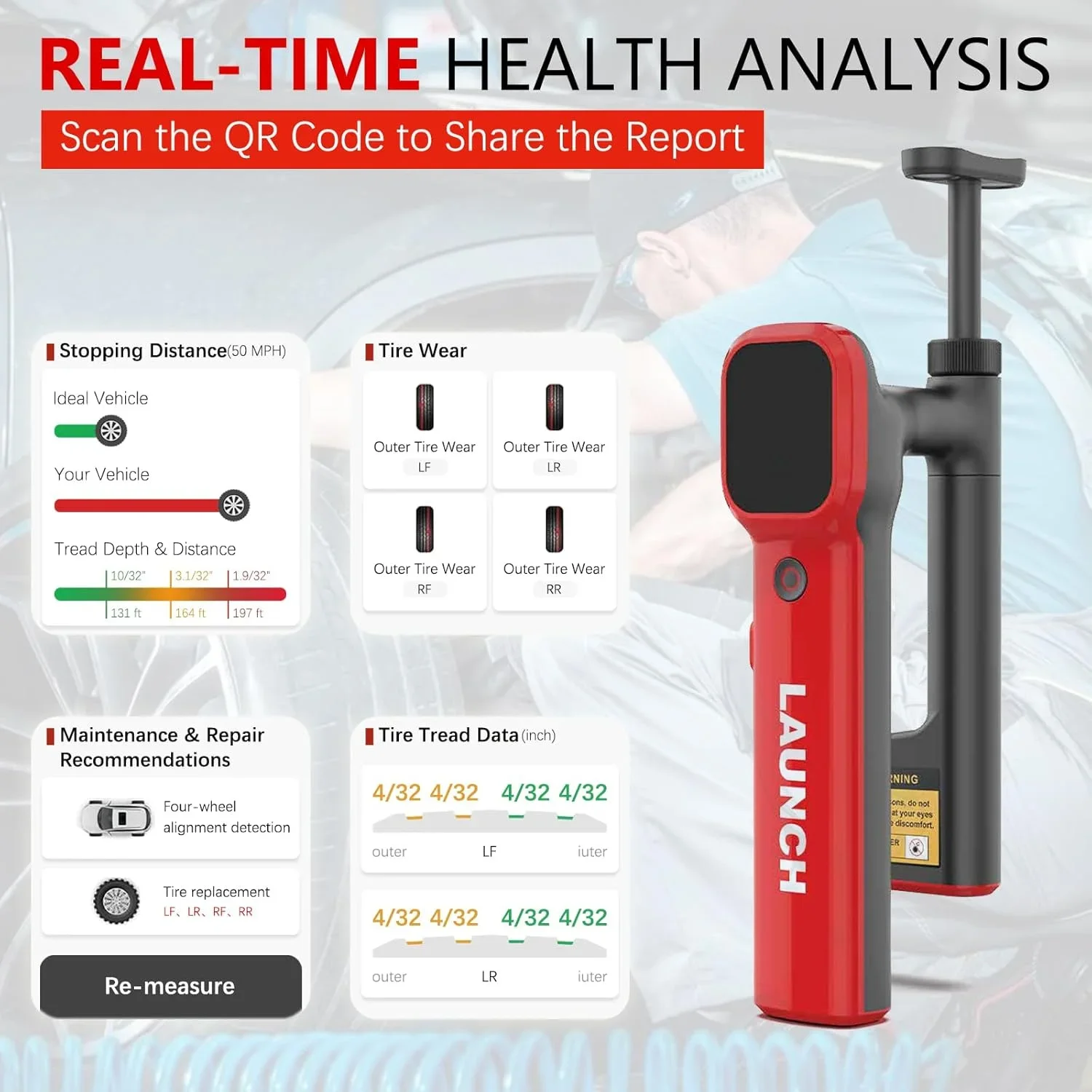 LAUNCH X431 HTD180 Tread Master Laser Tire Tread Depth Gauge 0.1mm High Precision Wi-Fi Real-time Measurement