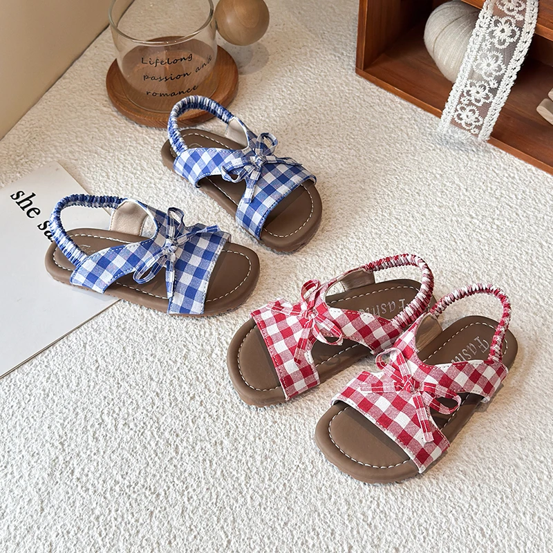 

Mumoresip New Kids Summer Sandals Plaid Bowknot Girls Flat Sandals for Wedding Party Open-toe Children Dress Mary Jane Sandals