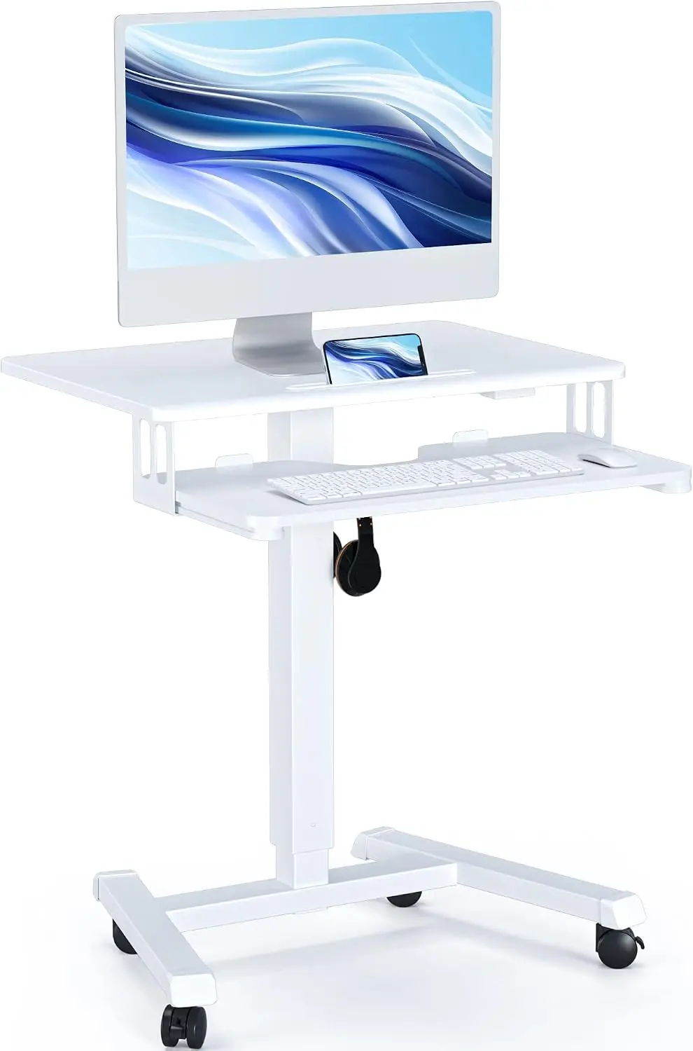 Mobile Standing Desk with Keyboard Tray, Mobile Podium, Rolling Laptop Sit Stand Desk on Wheels, Adjustable Height Up to 33lbs,