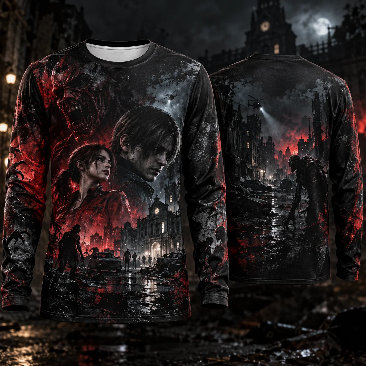 Resident Evil 2 Leon Claire Zombie 3D All Over Print Long Sleeve T-shirt Men Women Horror Game Graphic Tee Unisex Fans Merch