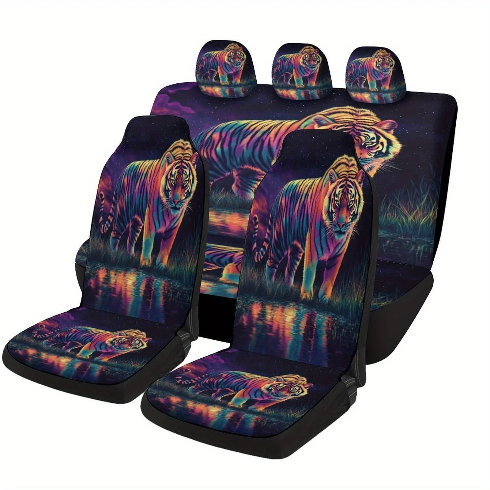 Set Of Car Seat Covers Featuring A Rainbow Tiger Design, Suitable For A Variety Of Vehicles. This Stylish And Unique Full Set In