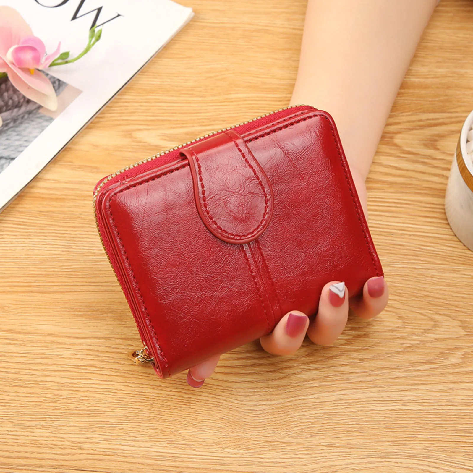 

Women's Zipper Purse Fashion Short Id Card Holder Coin Zipper Purse For Women Two-fold Coin Purse Red Color