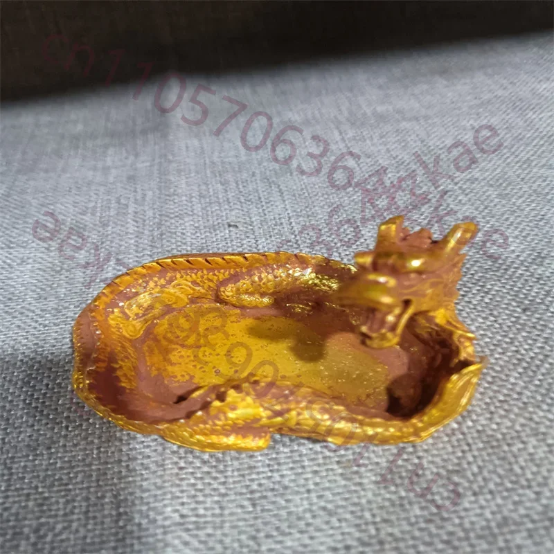 Chinese Folk Collection of copper Golden Color Ashtray calligraphy dragon shaped inkstone Ornament  for living room