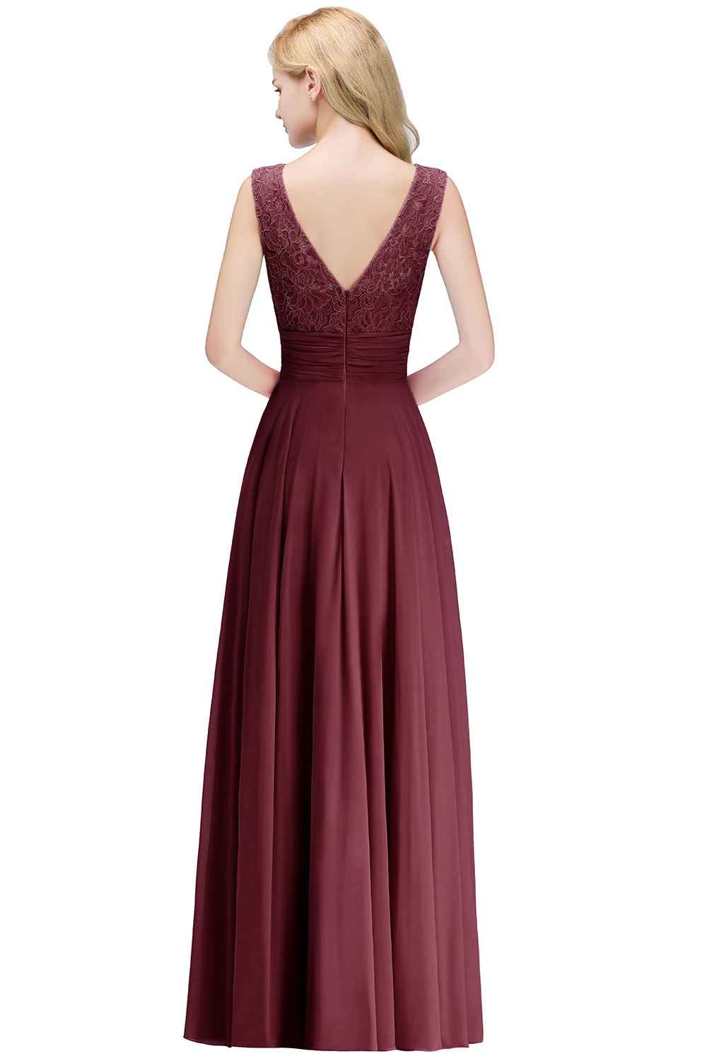Chiffon Lace Evening Dresses Formal Party Prom Gowns Bridesmaid Dresses Sexy V Back Burgundy Vestido De Fiesta Party Dresses