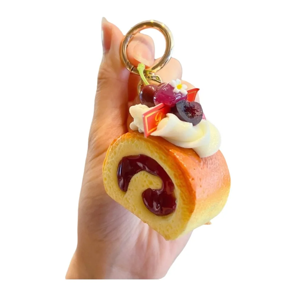 PU Simulation Fruit Keychain Simulation Fruit Blueberry Swiss Roll Keychain Fun Design Strawberry Food Pendant Keychain