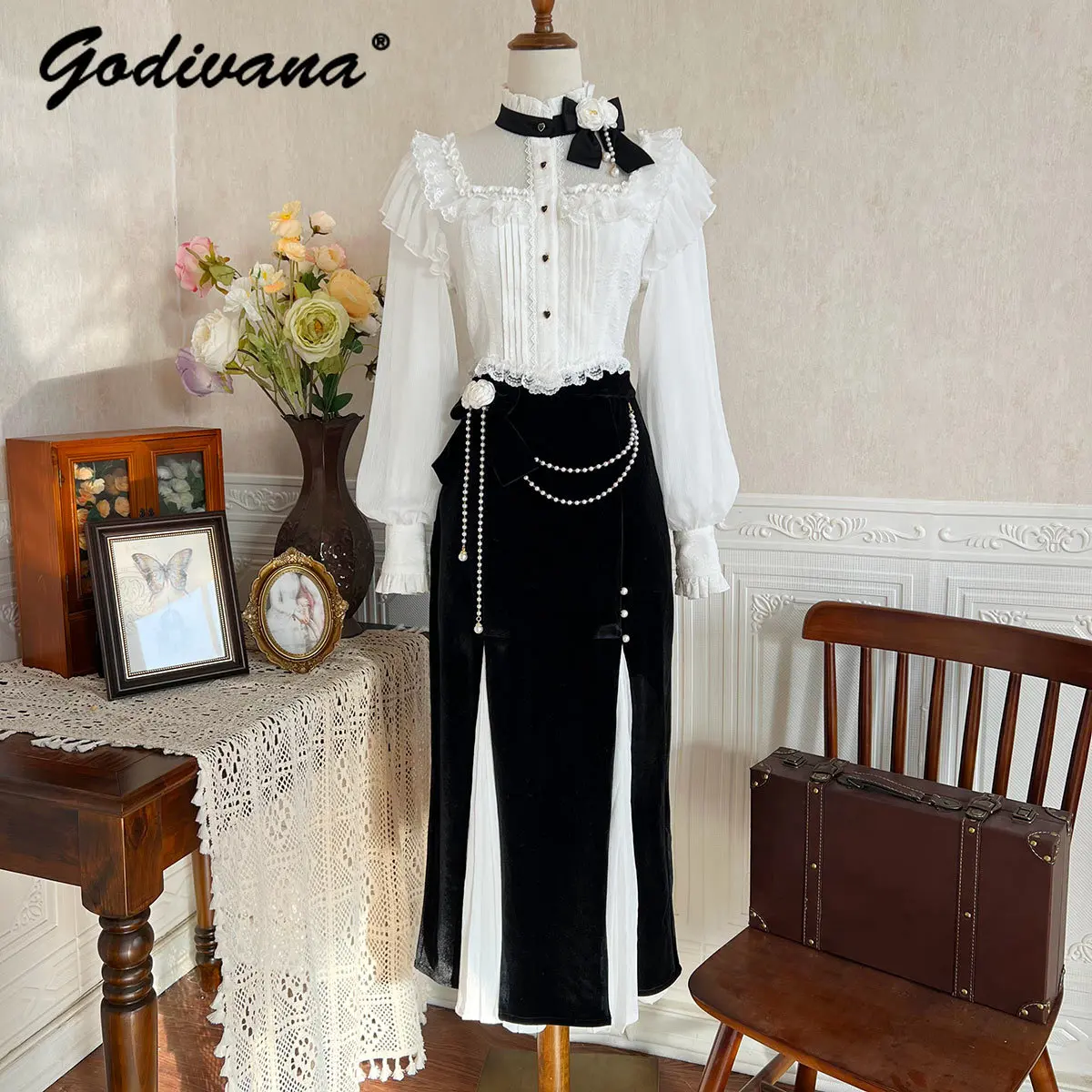 

Original Court Style Ladies Elegant Stand Collar Long-sleeved Shirt Hifh Waisted Split Fishtail Skirt 2 Piece Set Womens Outfits